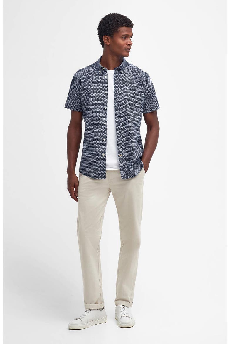 Tailored Fit Scallop Print Short Sleeve Cotton Button-Down Shirt, Alternate, color, NAVY