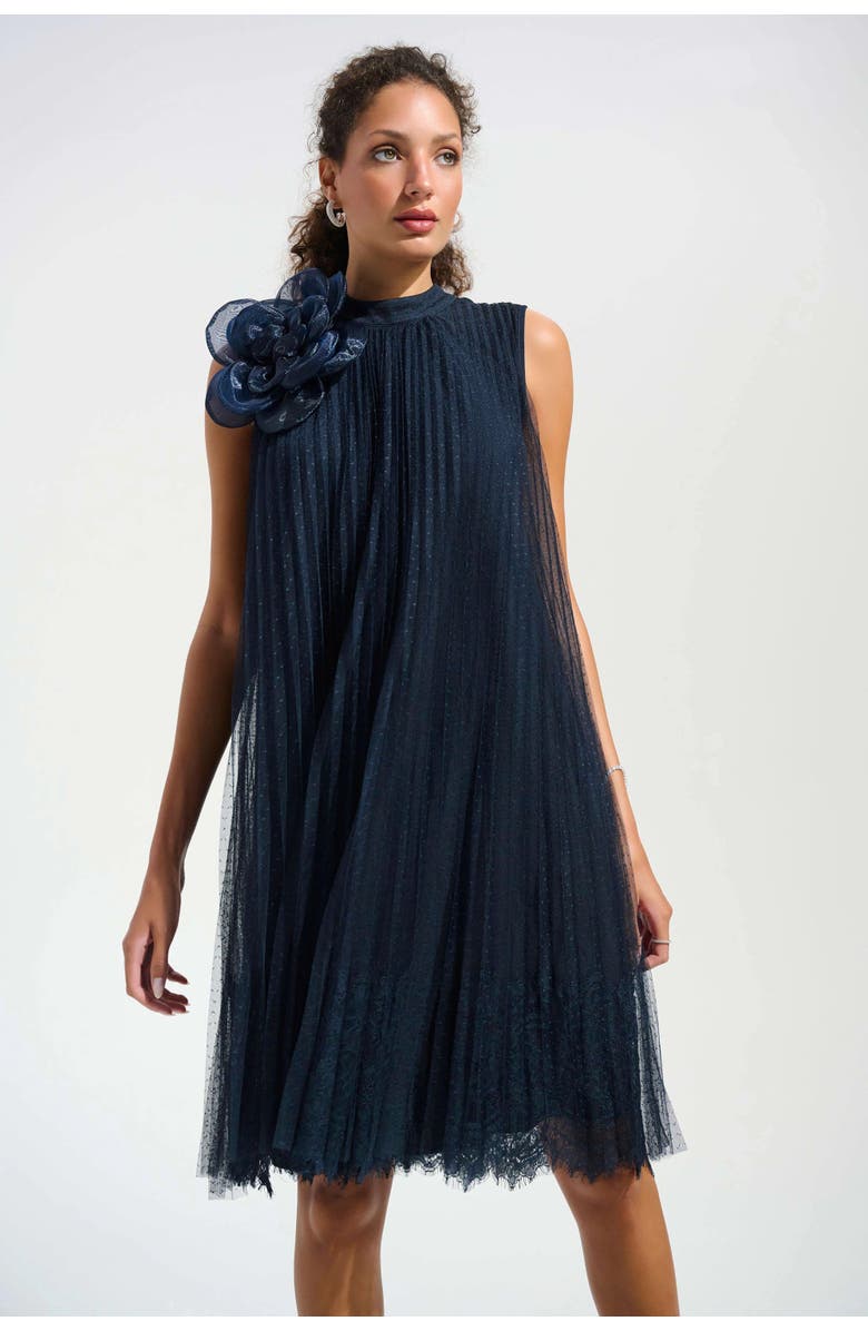 JOSEPH RIBKOFF Signature | Mesh And Lace A-Line Dress With Organza Flower Detail, Main, color, Midnight Blue