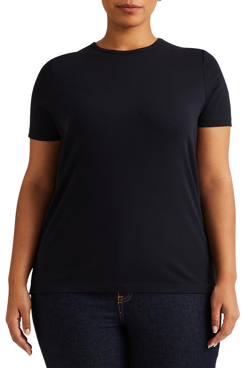 Crewneck Stretch Cotton T-Shirt, Main, color, LAUREN NAVY
