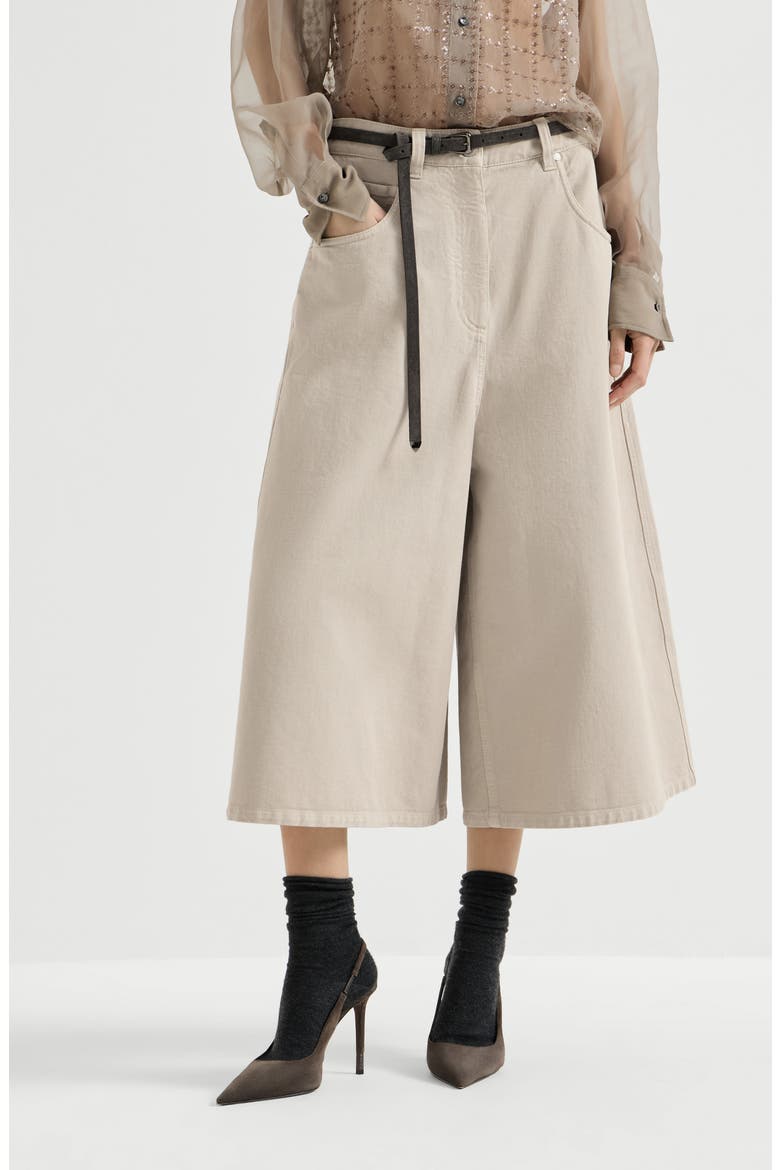 Dyed denim wide cropped trousers with monili, Main, color, Sand