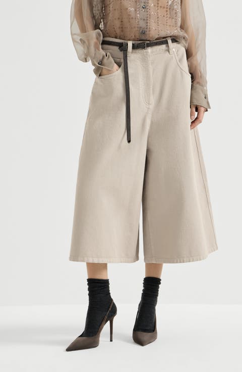 Dyed denim wide cropped trousers with monili