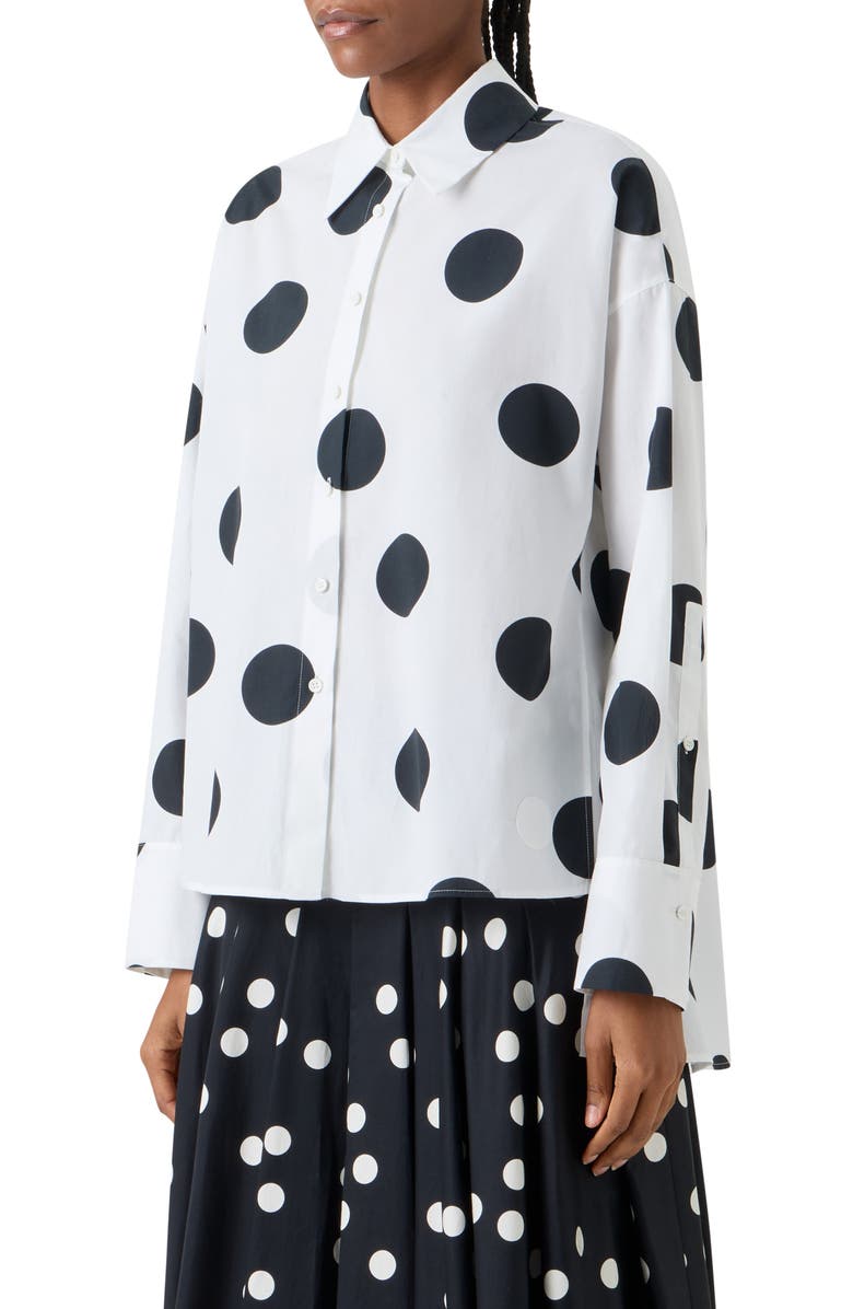 Akris punto X-Large Polka Dot Oversize Cotton Poplin High-Low Button-Up Shirt, Alternate, color, Cream-Black