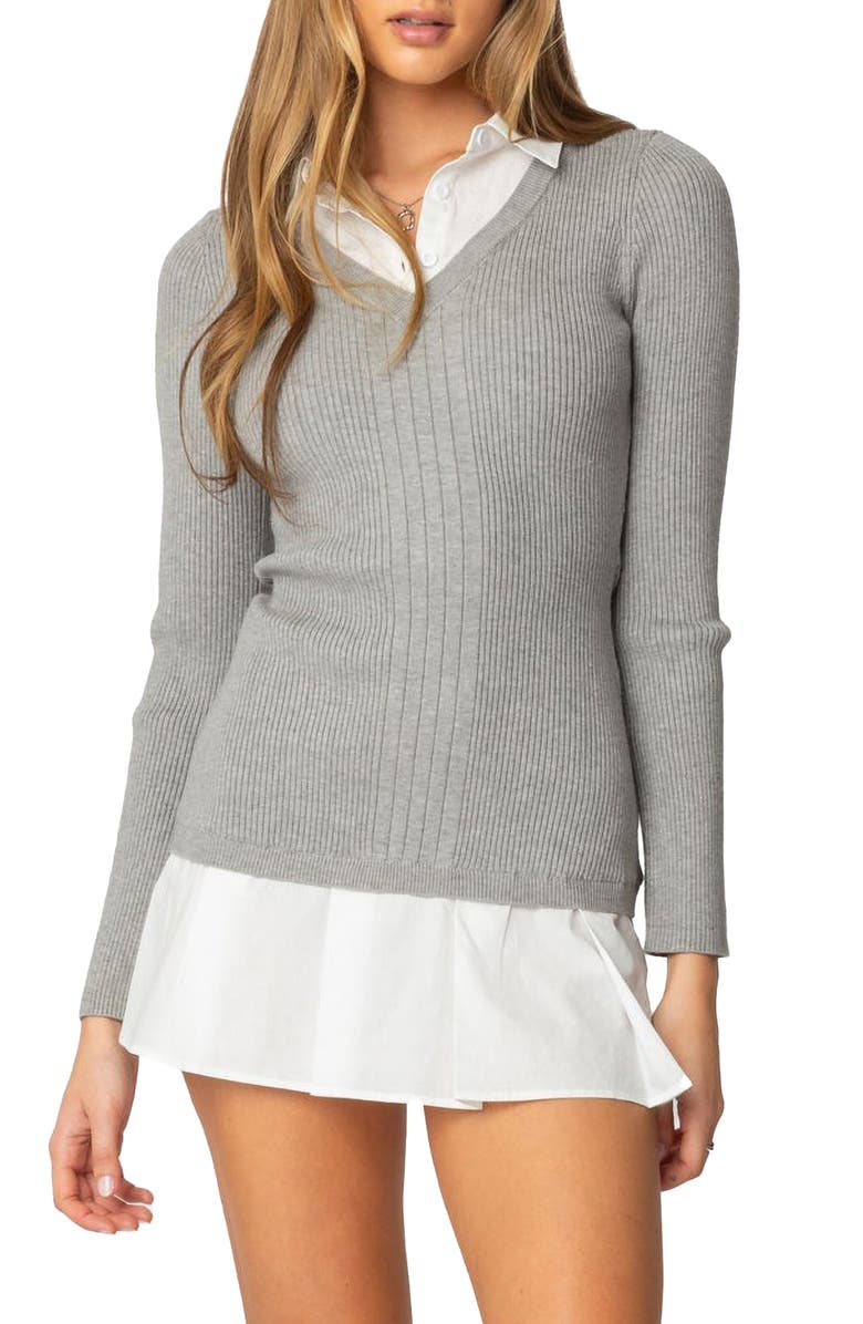 EDIKTED Long Sleeve Layered Sweater Minidress, Main, color, Gray