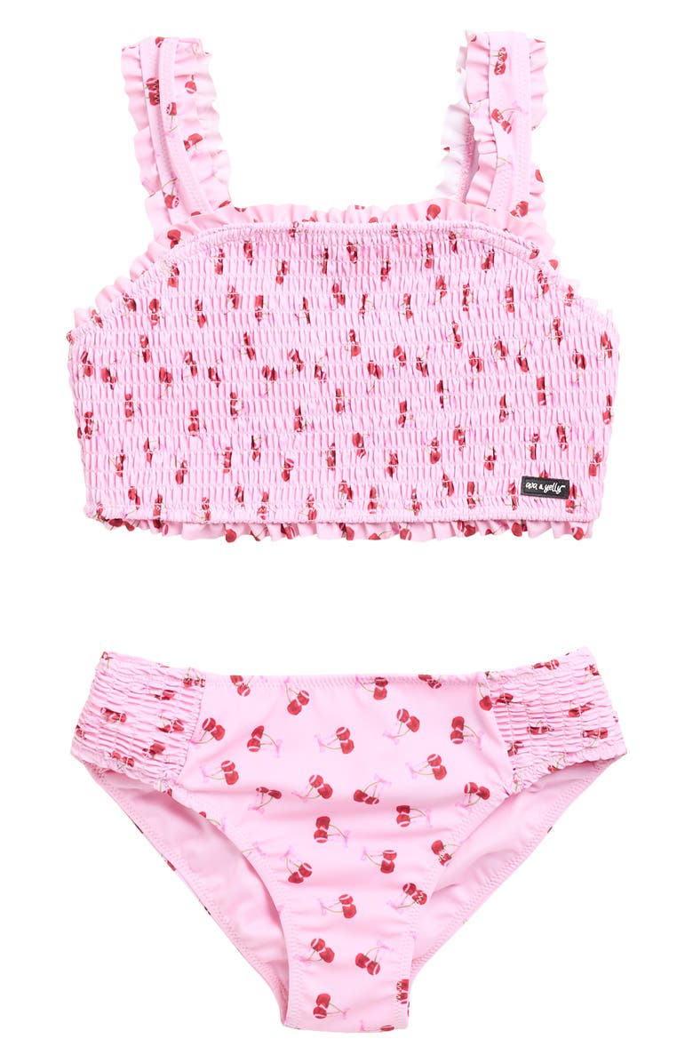 Ava & Yelly Kids' Ruffle Smocked Two-Piece Swimsuit, Main, color, Light Pink