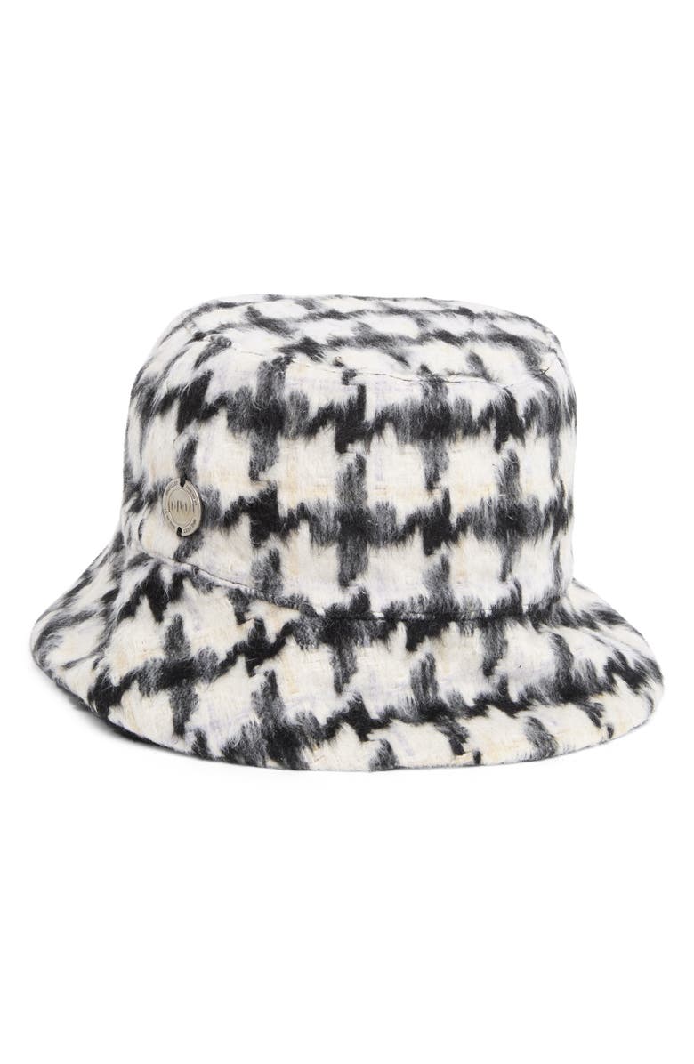 Nine West Houndstooth Faux Fur Reversible Bucket Hat, Main, color,