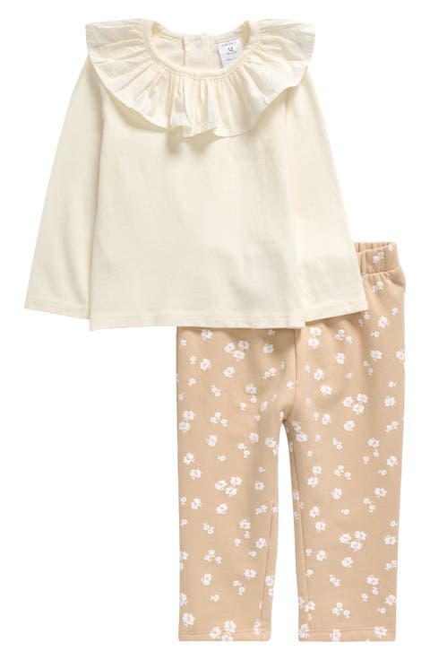 Ruffle Collar Long Sleeve Top & Floral Leggings Set (Baby)