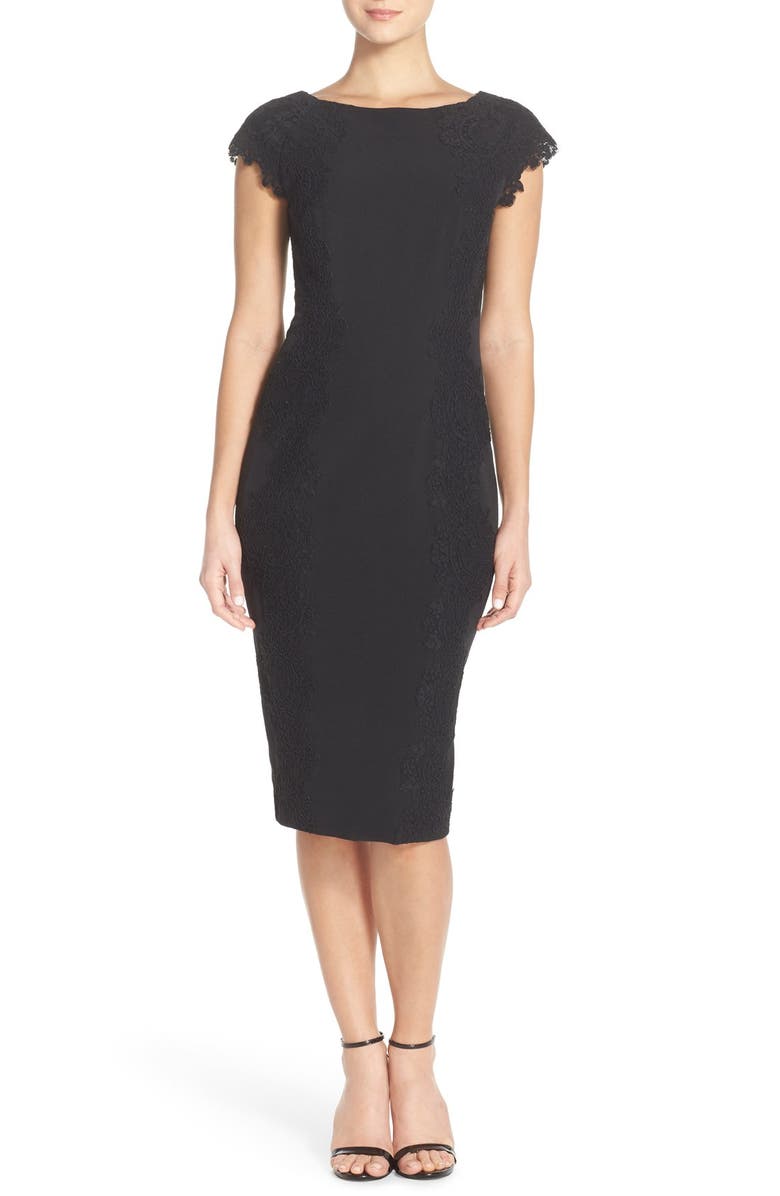Maggy London Lace Detail Crepe Sheath Dress, Main, color,