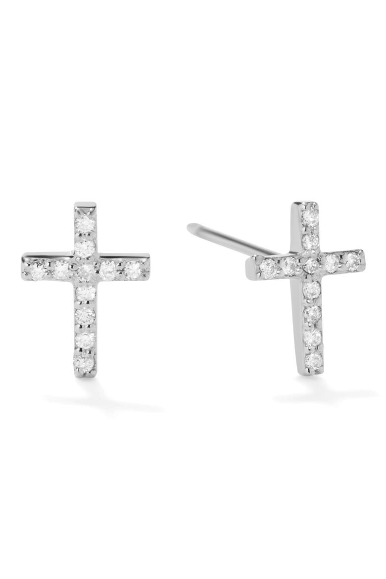 14k Gold Diamond Cross Stud Earrings, Main, color, WHITE GOLD