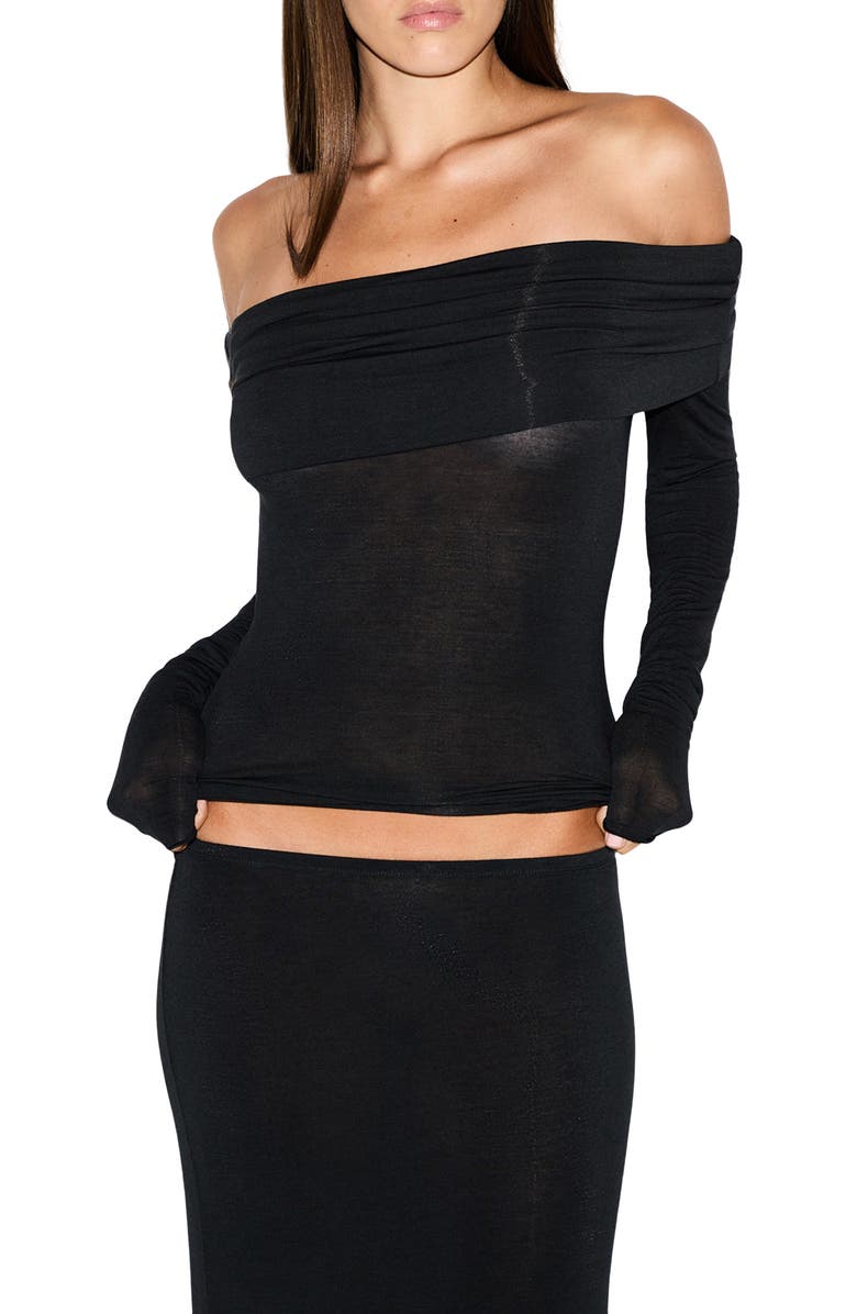 SKIMS Sheer Modal Off the Shoulder Long Sleeve Top, Main, color, Onyx