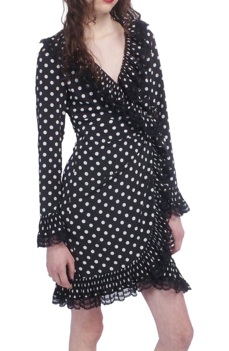 Anna Sui Polka Dot Pleated Wrap Dress, Alternate, color, Black Muti