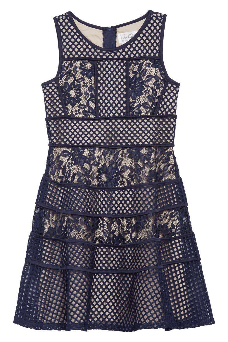 Lace & Mesh Tiered Dress, Main, color, NAVY