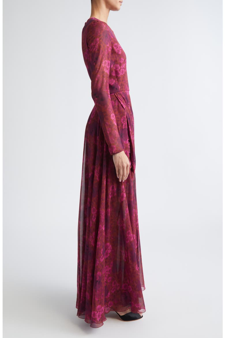 Anemones Draped Long Sleeve Silk Dress, Alternate, color, BRICK MULTI