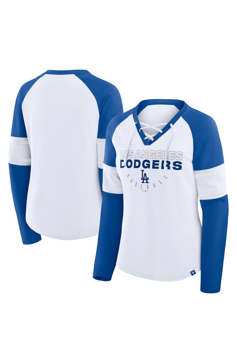 FANATICS Women's Fanatics White/Royal Los Angeles Dodgers Blitz Package Raglan Lace-Up V-Neck Long Sleeve T-Shirt, Alternate, color, White