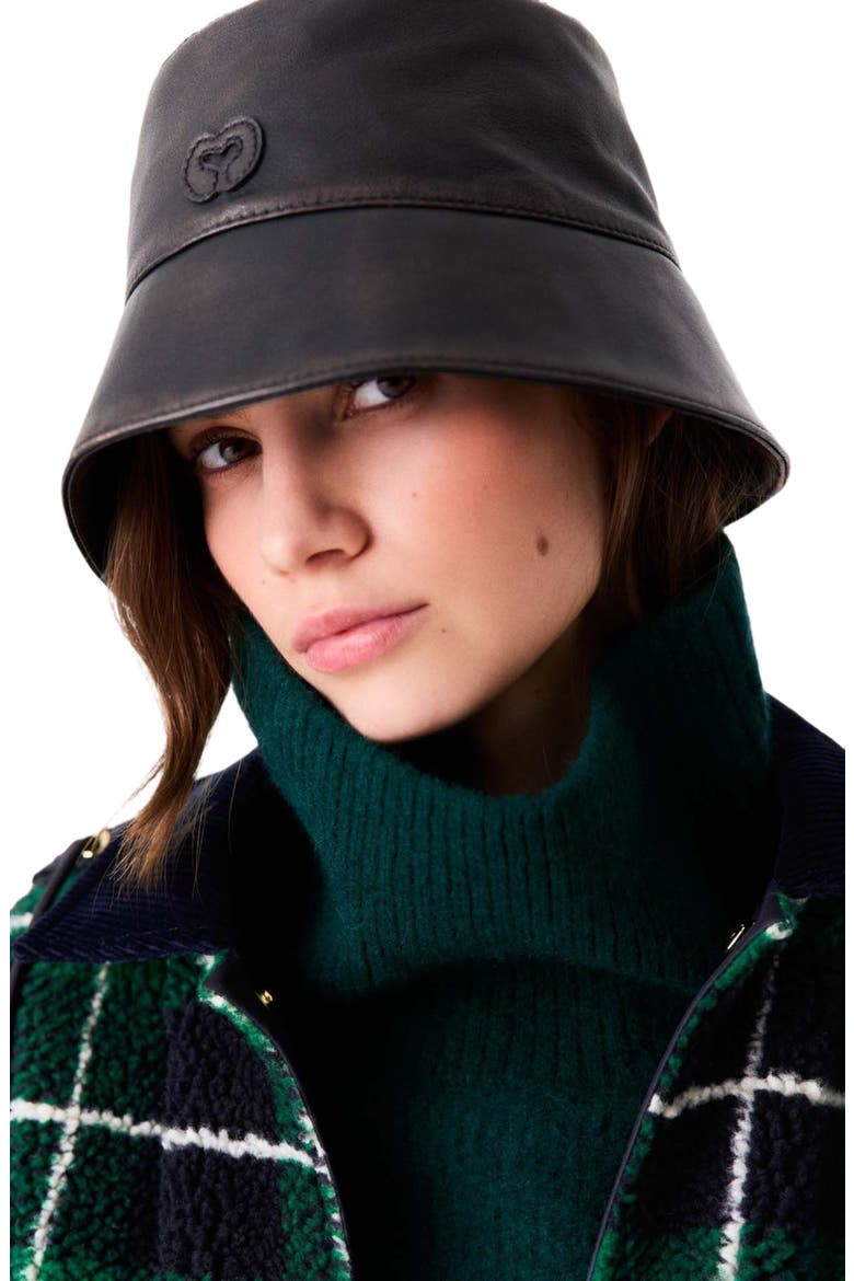 Distressed Leather Bucket Hat, Alternate, color, Dark brown