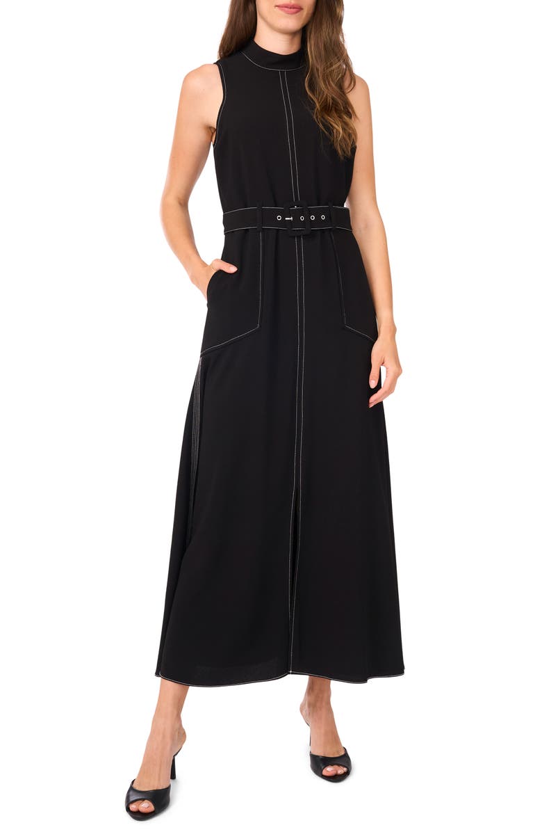 Halogen<sup>®</sup> Topstitched Mock Neck Midi Dress, Main, color, Rich Black