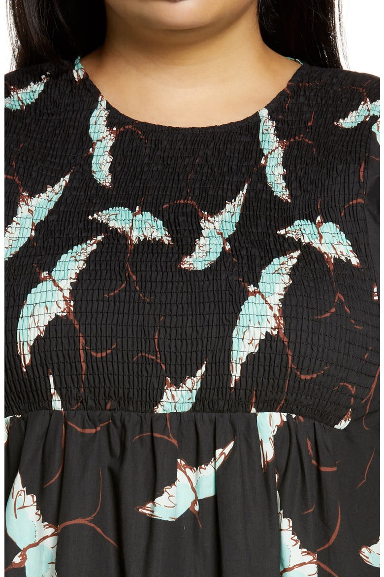 Black Swallows Smocked Long Sleeve Midi Dress, Alternate, color, BLACK