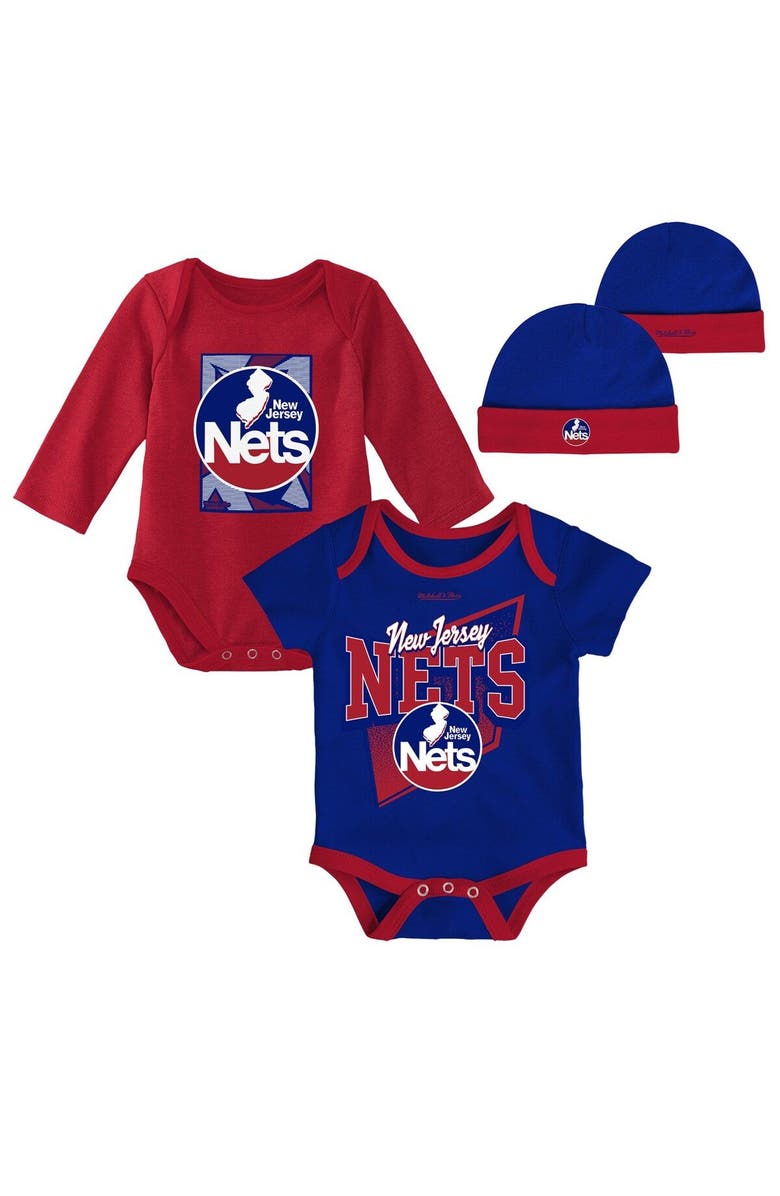 Mitchell & Ness Newborn & Infant Mitchell & Ness Blue/Red New Jersey Nets 3-Piece Hardwood Classics Bodysuits & Cuffed Knit Hat Set, Main, color, Blue