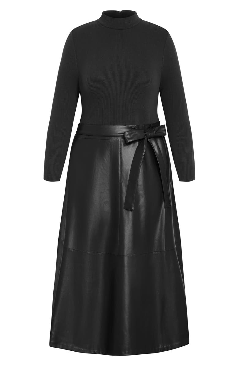 City Chic Lola Mock Neck Rib & Faux Leather Midi Dress, Alternate, color, 