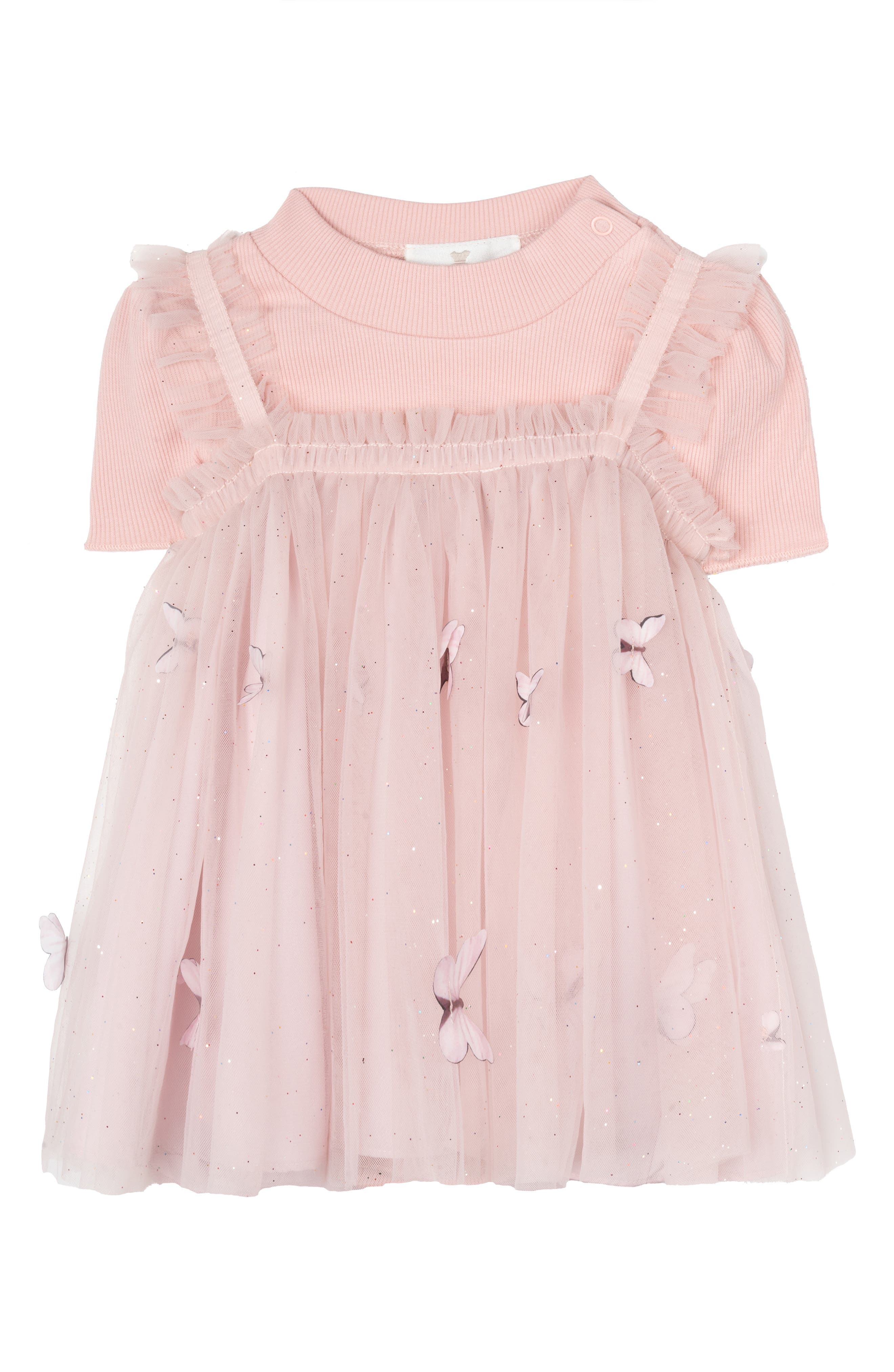 Ribbed Bodysuit & Butterfly Mesh Dress Set