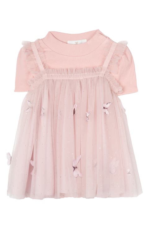 Ribbed Bodysuit & Butterfly Mesh Dress Set