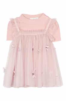 Ribbed Bodysuit & Butterfly Mesh Dress Set