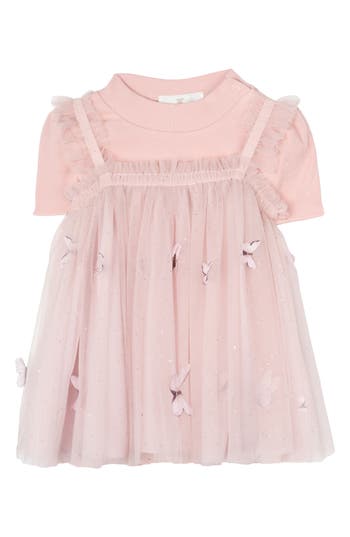 Rare Editions Ribbed Bodysuit & Butterfly Mesh Dress Set in Blush at Nordstrom Rack, Size 24M