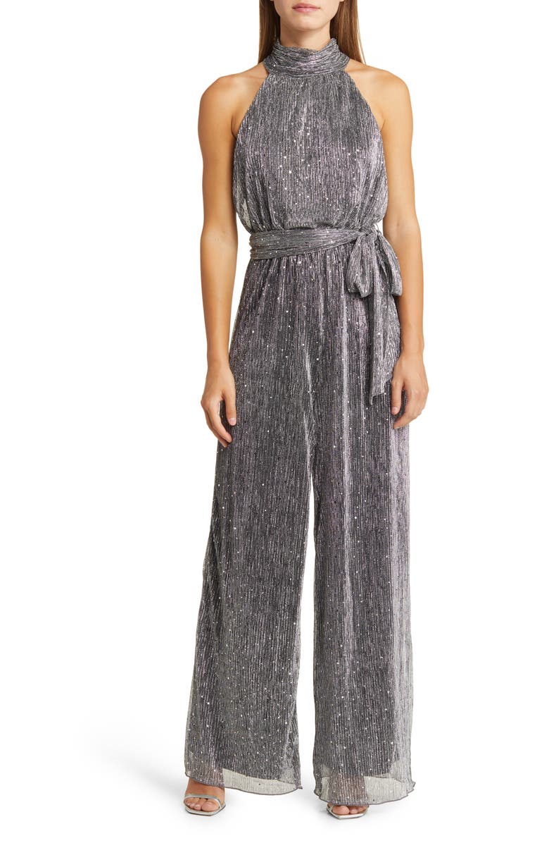 Eliza J Sequin Metallic Halter Neck Jumpsuit, Main, color, 