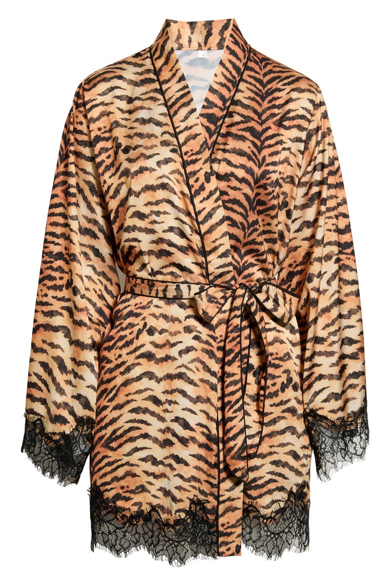 Tiger Print Lace Trim Short Robe, Alternate, color, TAN TIGER