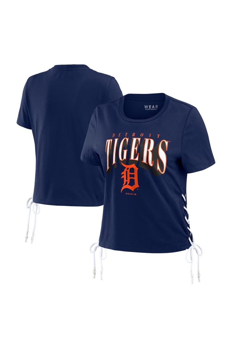 Women's WEAR by Erin Andrews Navy Detroit Tigers Side Lace-Up Cropped T-Shirt, Main, color, Navy