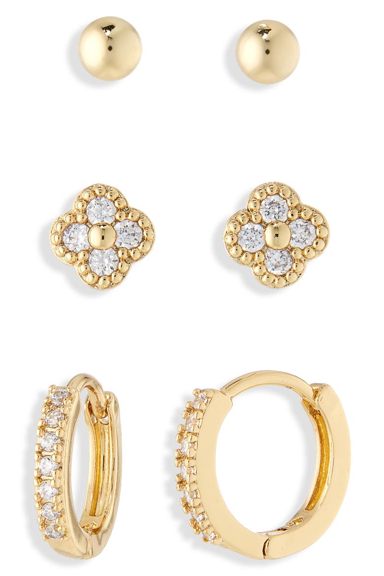 3-pack assorted mini stud & hoop earrings, Alternate, color, CLEAR / GOLD