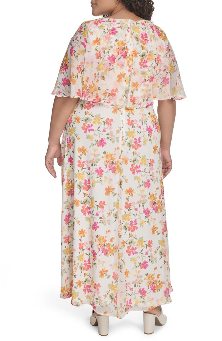 Calvin Klein Floral Capelet Short Sleeve Chiffon Maxi Dress, Alternate, color, Berry Multi