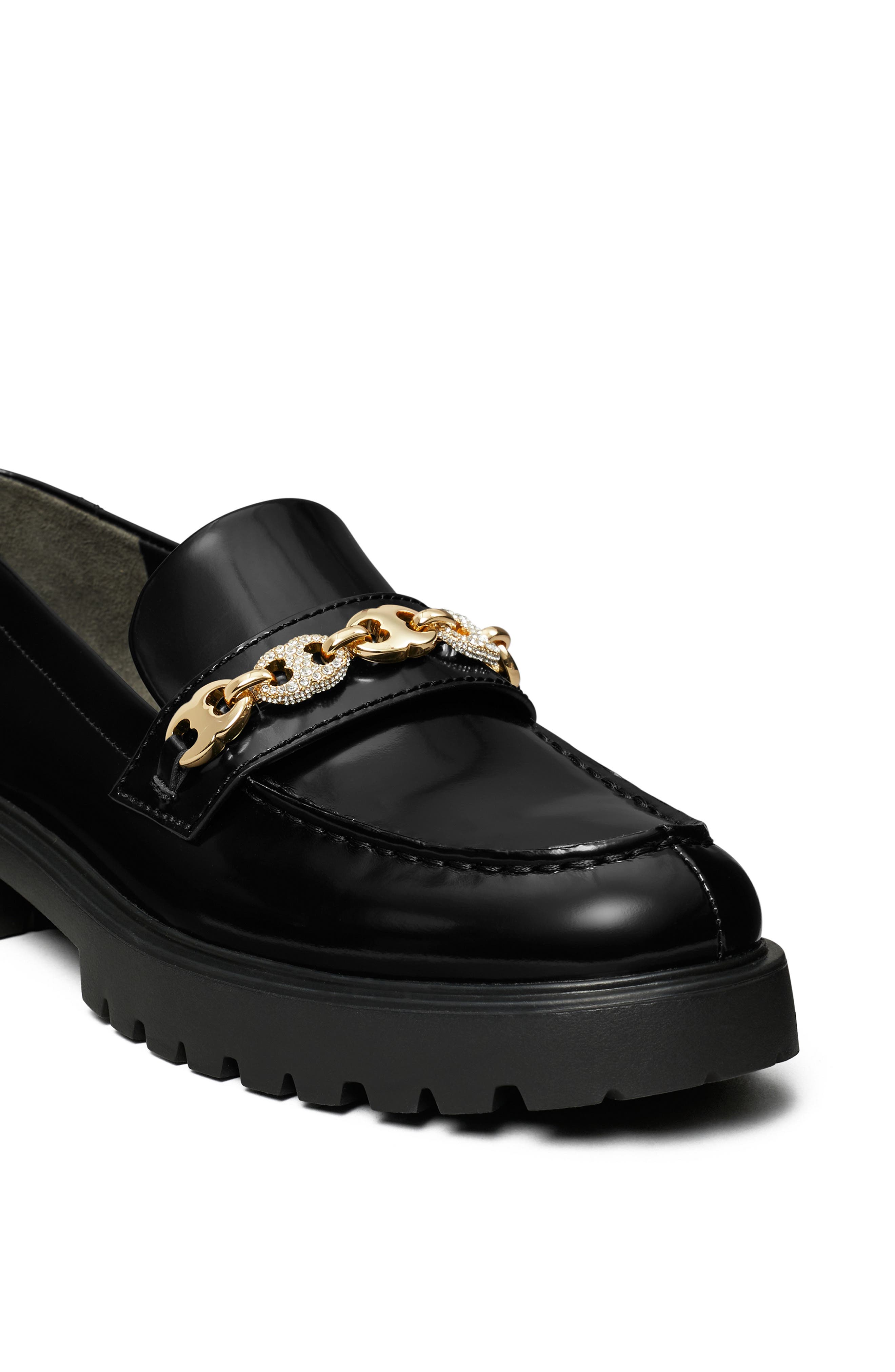 Tory Burch Gemini Embellished Lug Sole Loafer, Alternate, color, Perfect Black / Gold