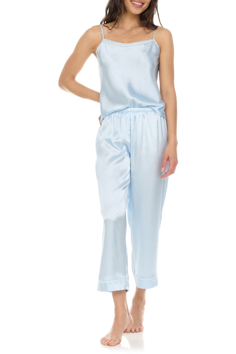 Jamie Pin Dot Satin Capri Pajamas with Faux Pearl Trim, Alternate, color, ICE BLUE