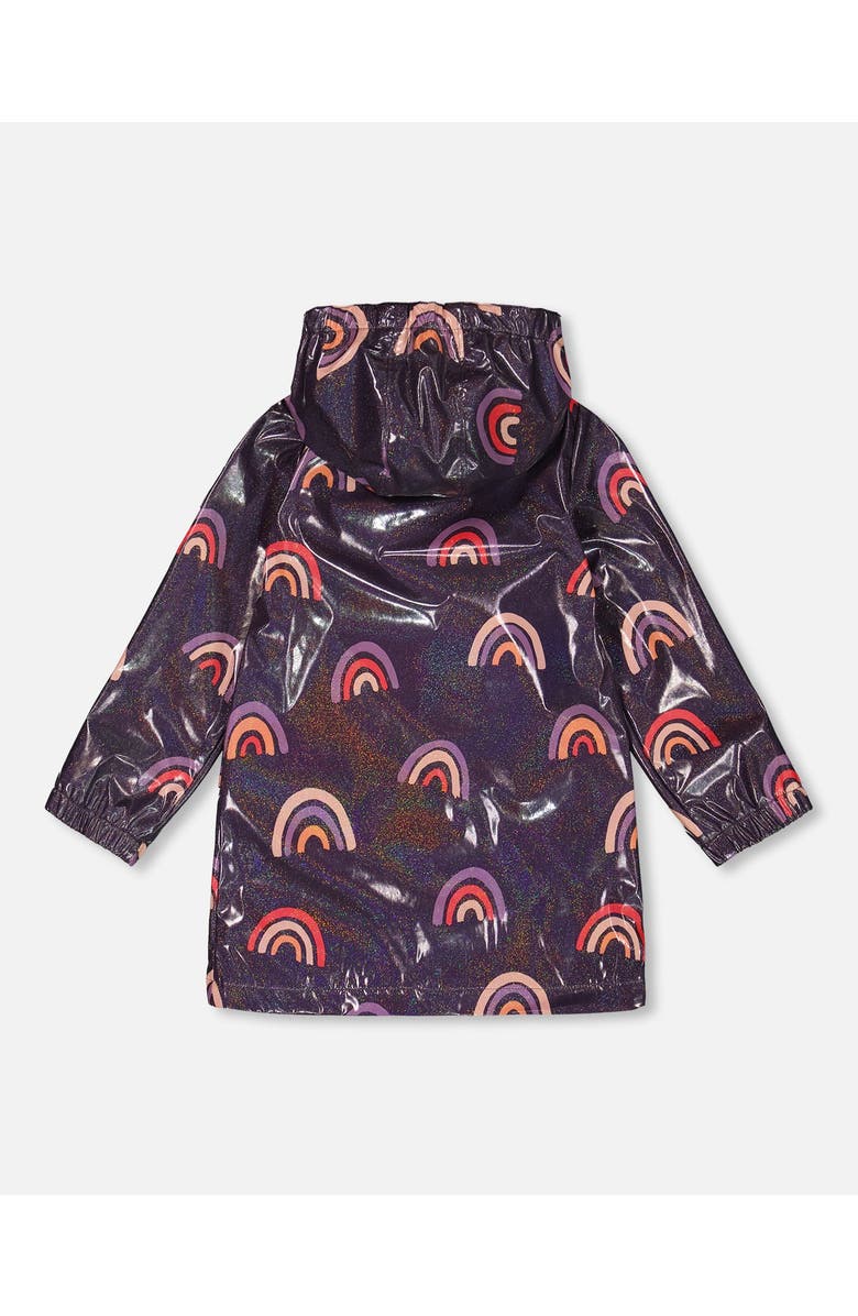 Deux par Deux Girl's Printed Rain Coat With Hat Rainbow On Shiny Background, Alternate, color, 