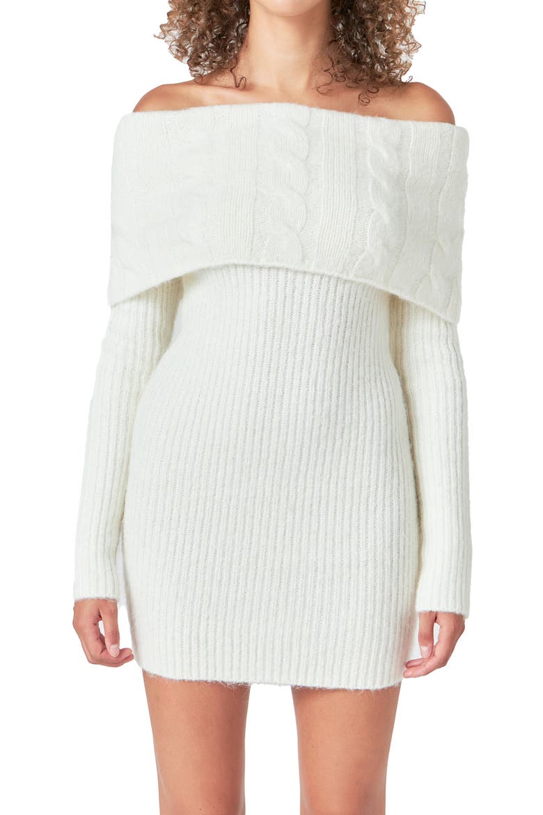 Off the Shoulder Long Sleeve Cable Stitch Sweater Dress with Tie, Alternate, color, IVORY