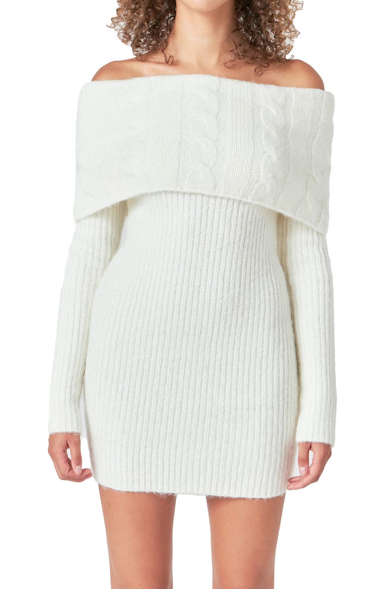 Endless Rose Off the Shoulder Long Sleeve Cable Stitch Sweater Dress with Tie, Alternate, color, Ivory