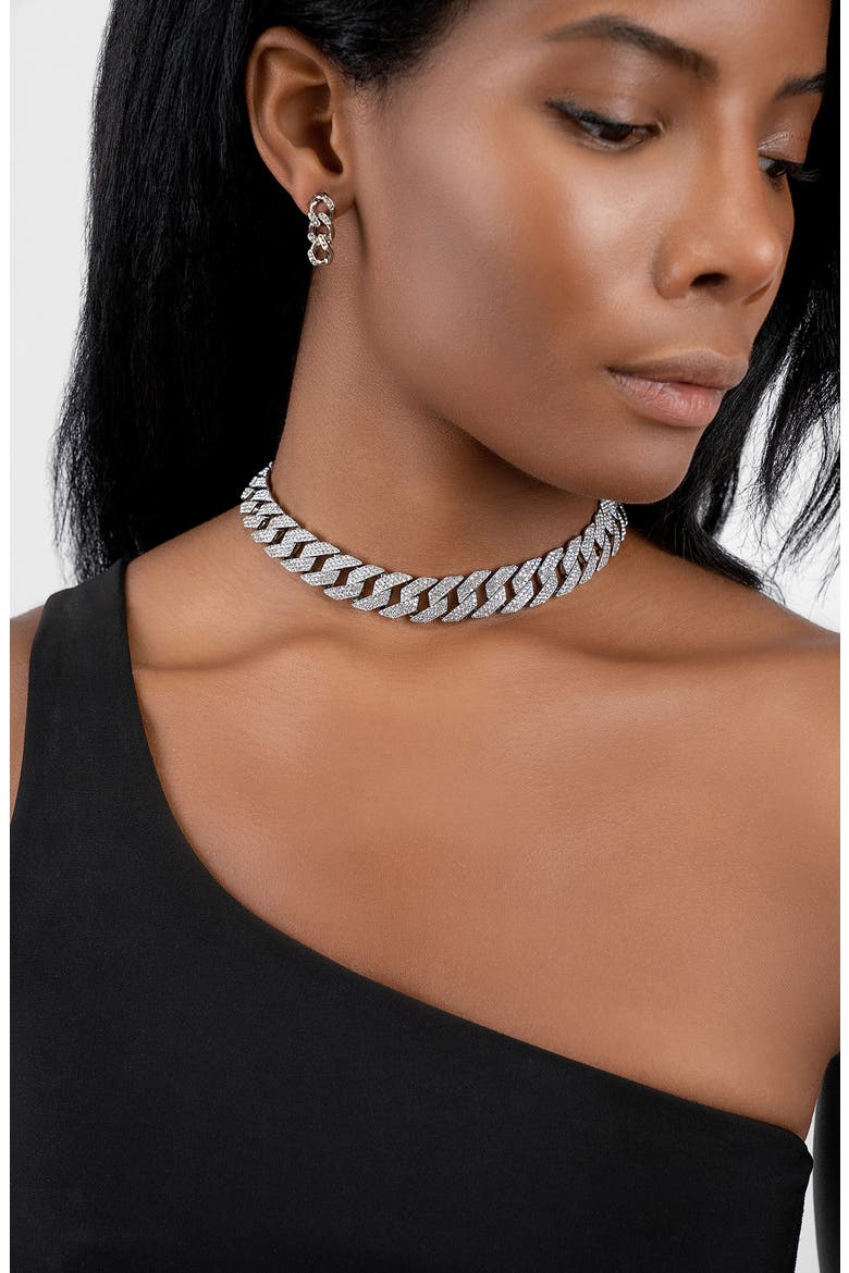 Pavé Cubic Zirconia Curb Chain Choker Necklace, Alternate, color, SILVER
