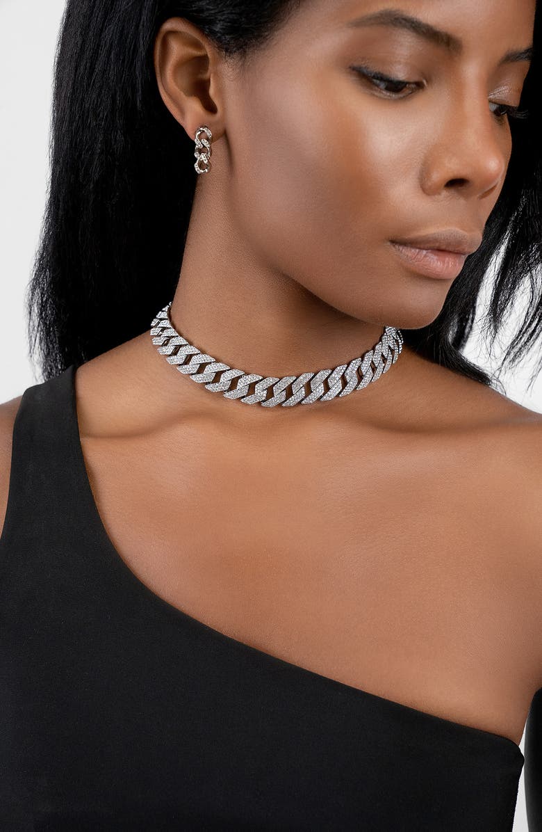 Adornia Pavé Cubic Zirconia Curb Chain Choker Necklace, Alternate, color, Silver
