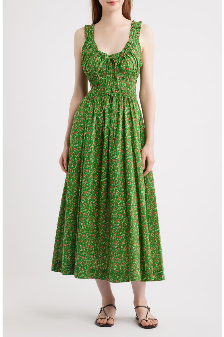 Emmaretta Floral Pleated Cotton Voile Maxi Dress, Main, color, EMERALD JARDIN DU CHATEAU