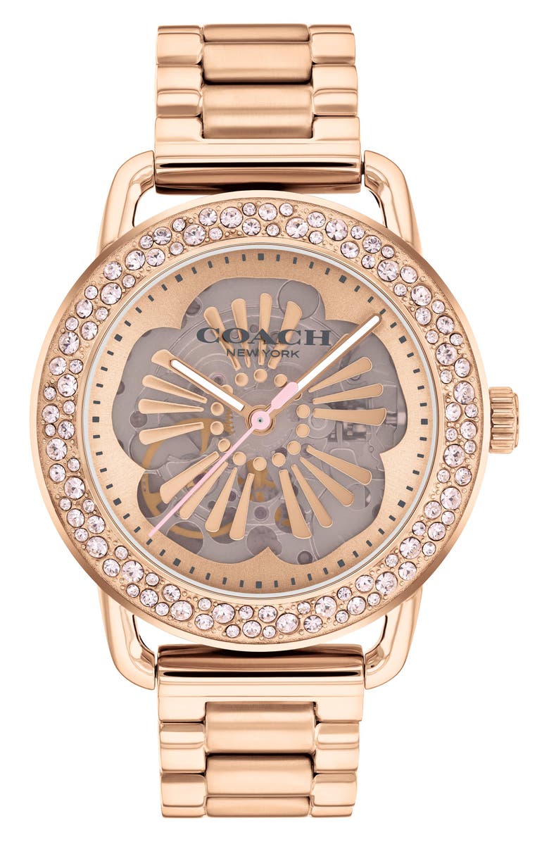 COACH Cruiser Skeletal Automatic Bracelet Watch, 37mm, Main, color, Carnation Gold