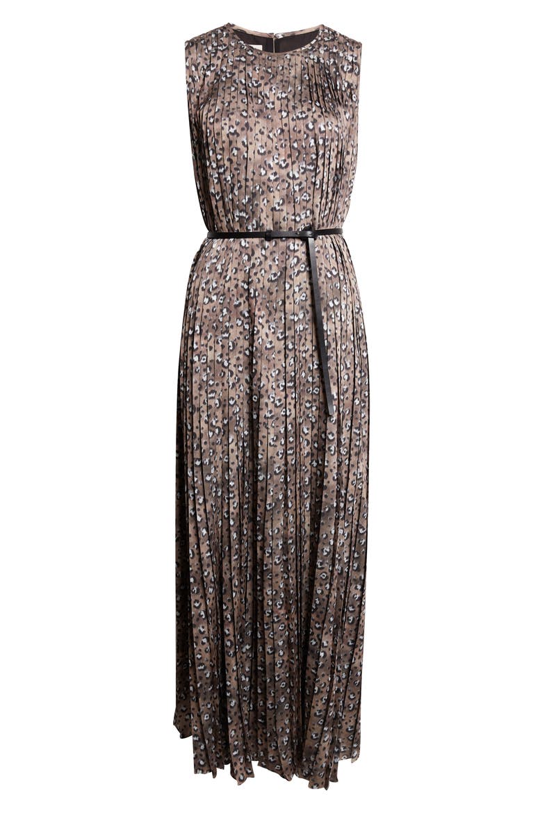 Leopard Print Accordion Pleat Belted Satin A-Line Dress, Alternate, color, BROWNSTONE MULTI