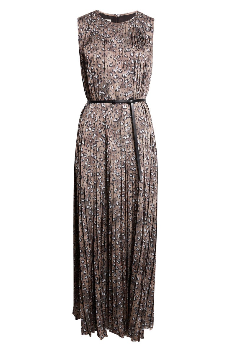 Lafayette 148 New York Leopard Print Accordion Pleat Belted Satin A-Line Dress, Main, color, Brownstone Multi