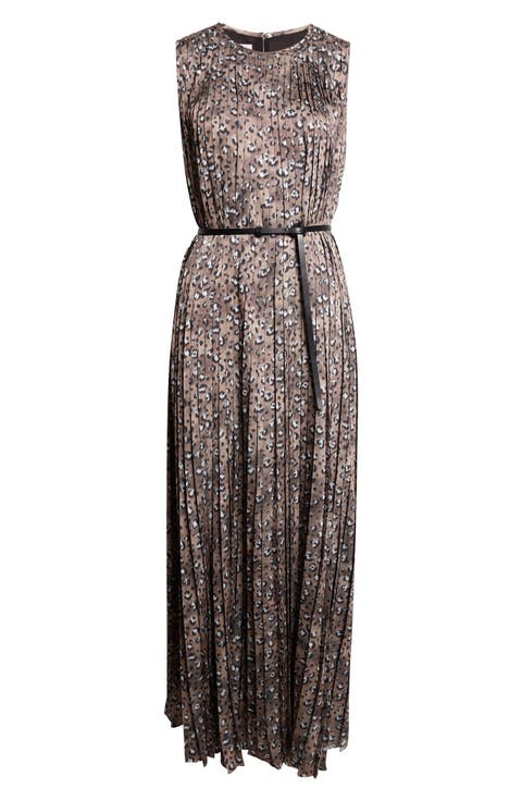 Leopard Print Accordion Pleat Belted Satin A-Line Dress