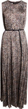 Lafayette 148 New York Leopard Print Accordion Pleat Belted Satin A-Line Dress