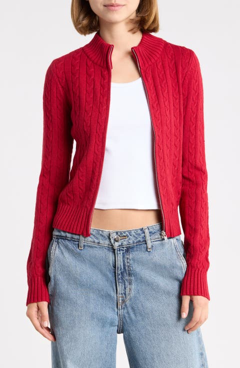Cable Mock Neck Zip Cardigan