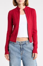 Madden Girl Cable Mock Neck Zip Cardigan
