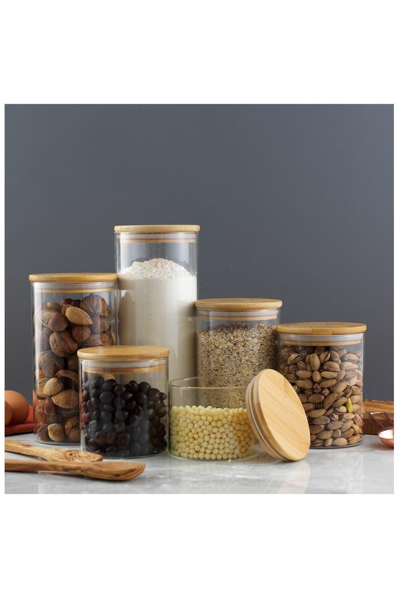 Set of 6 Multisize Glass Jars with Airtight Bamboo Lids, Alternate, color, CLEAR