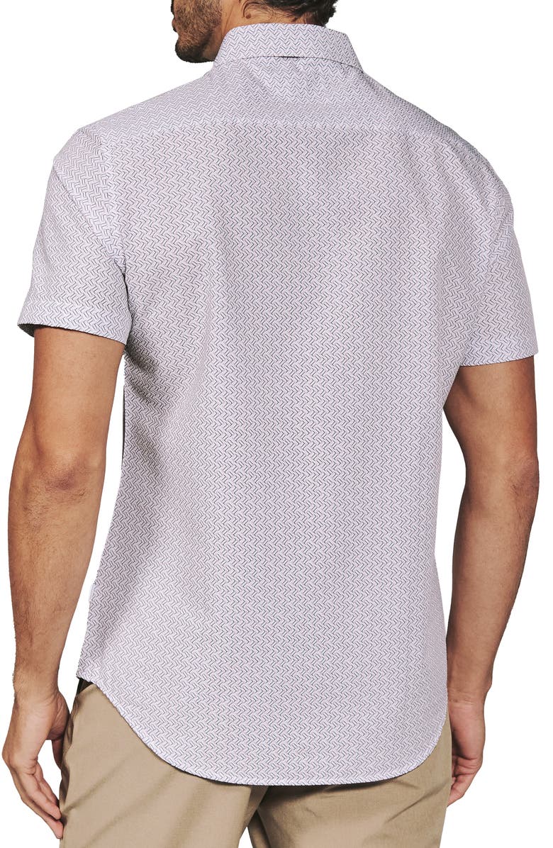 7 Diamonds Noah Geo Print Short Sleeve Performance Button-Up Shirt, Alternate, color, Dusty Rose