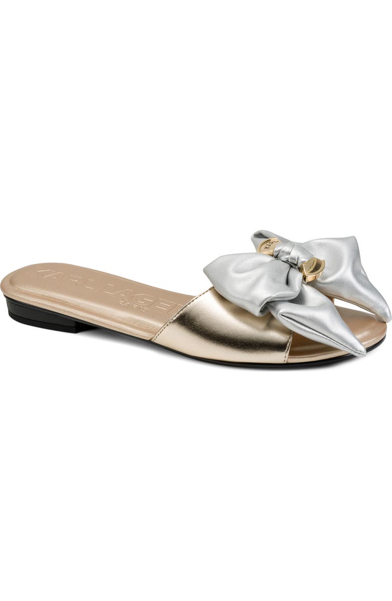 KARL LAGERFELD PARIS Ciaran Bow Slide Sandal, Main, color, White Gold/ Silver