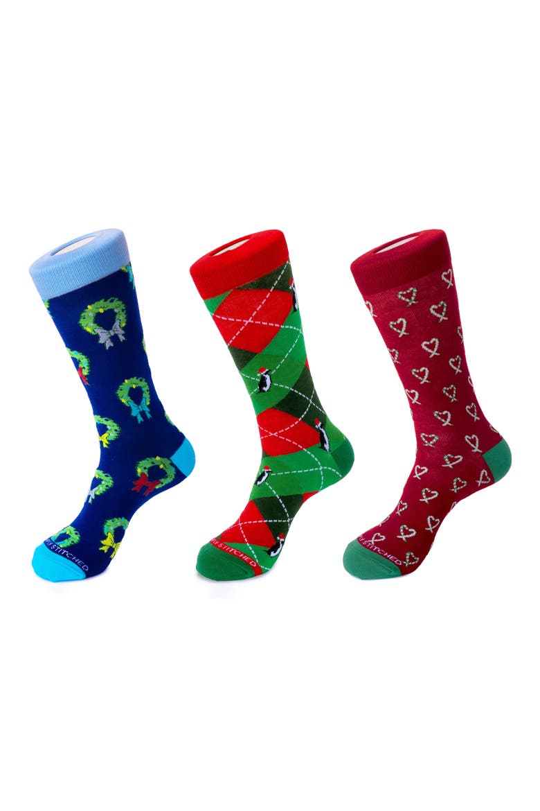 3-Pack Holiday Crew Socks, Main, color, NAVY BGREEN RED